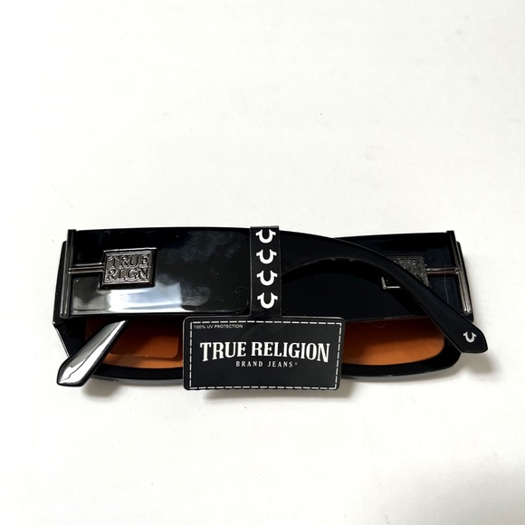 New Original TRUE RELIGION Square Sunglasses Black Acetate Wide Leg Orange Lens - Picture 5 of 6